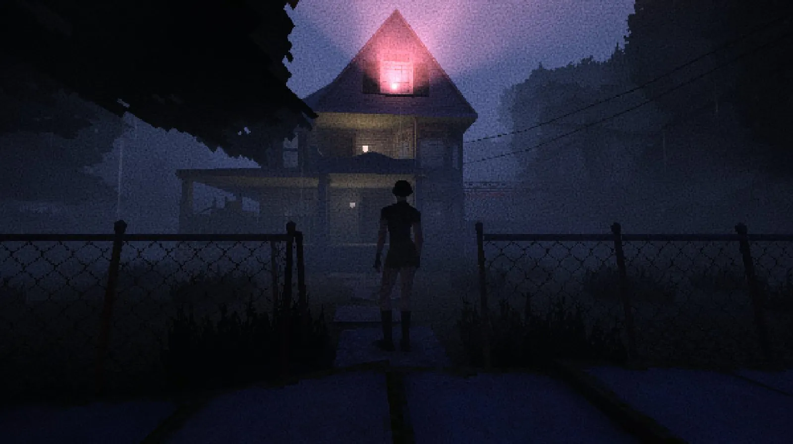 The abandoned house — glowing light from the attic