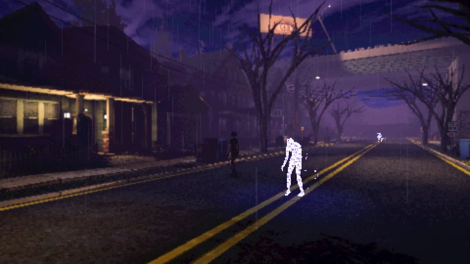 The Neighborhood at night — glitchy figures on the street