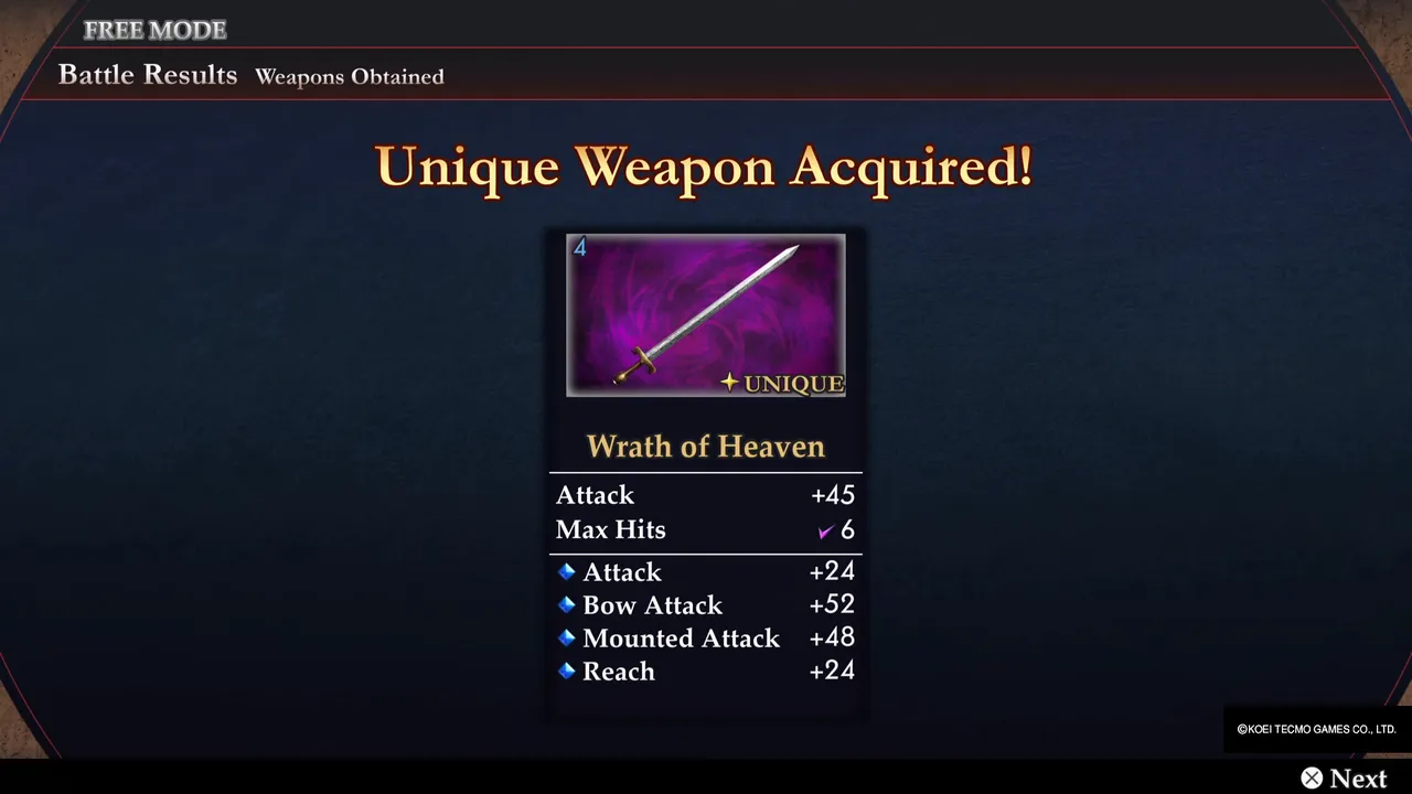 The Unique Weapon Acquired! screen