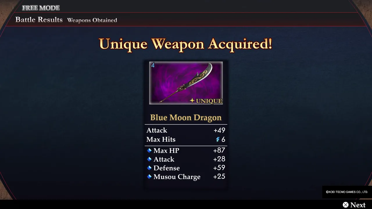The Unique Weapon Acquired! screen