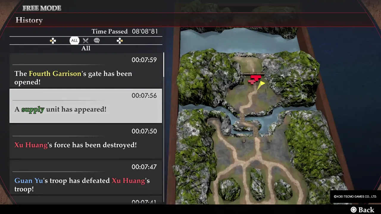 The History menu: the fourth gate opens and the supply unit appears