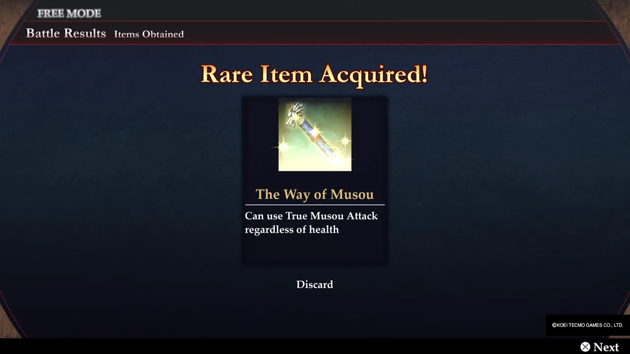 The Rare Item Acquired! screen: The Way of Musou