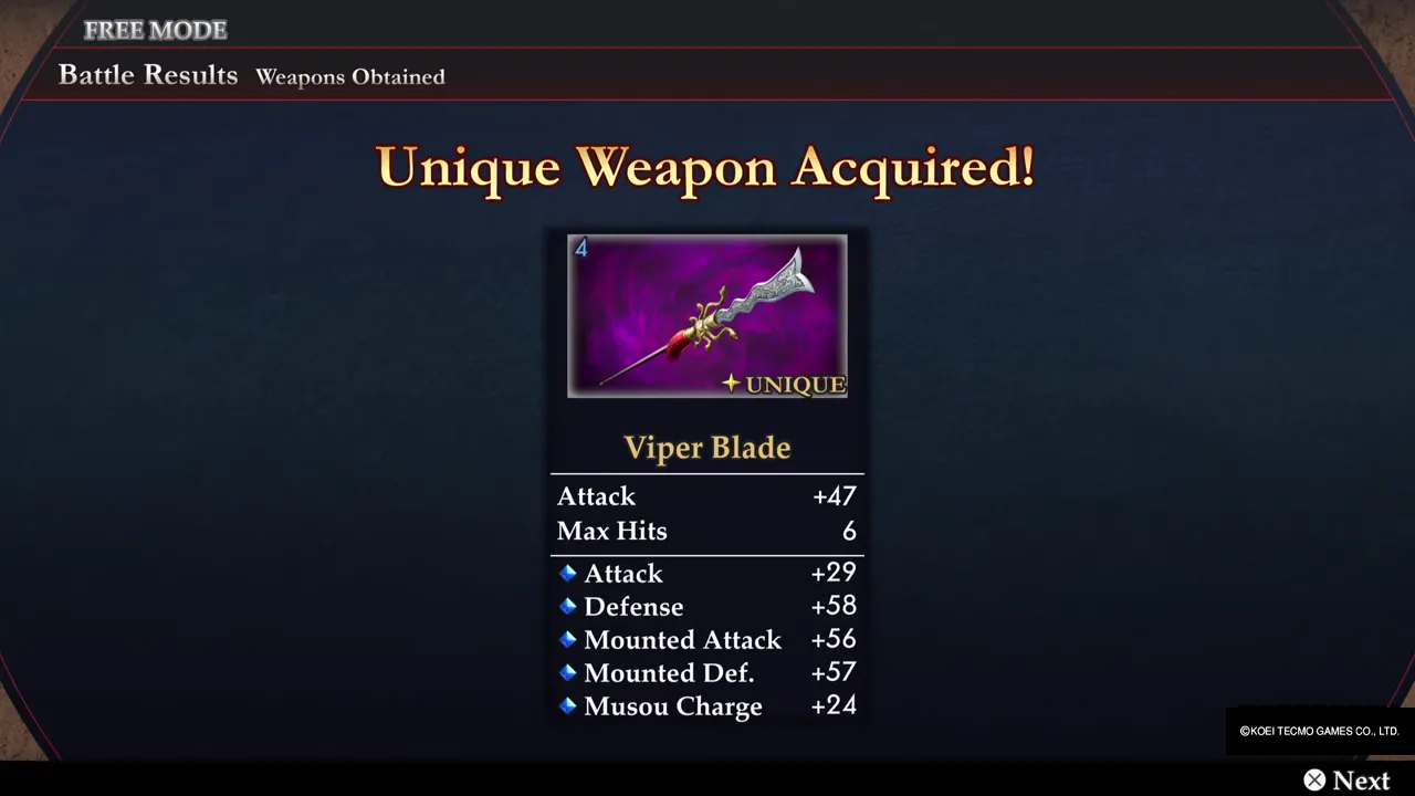 The Unique Weapon Acquired! screen