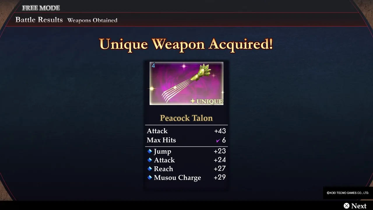 The Unique Weapon Acquired! screen