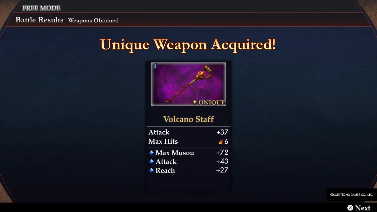The Unique Weapon Acquired! screen