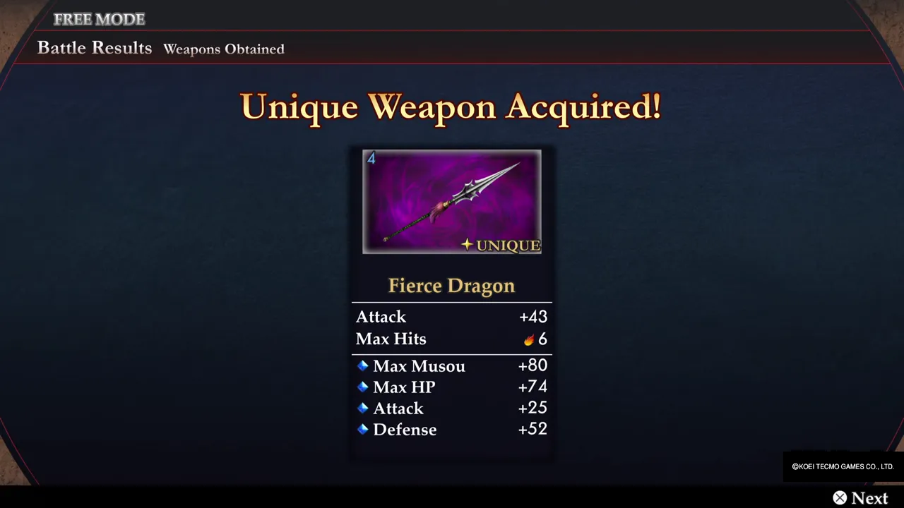 The Unique Weapon Acquired! screen