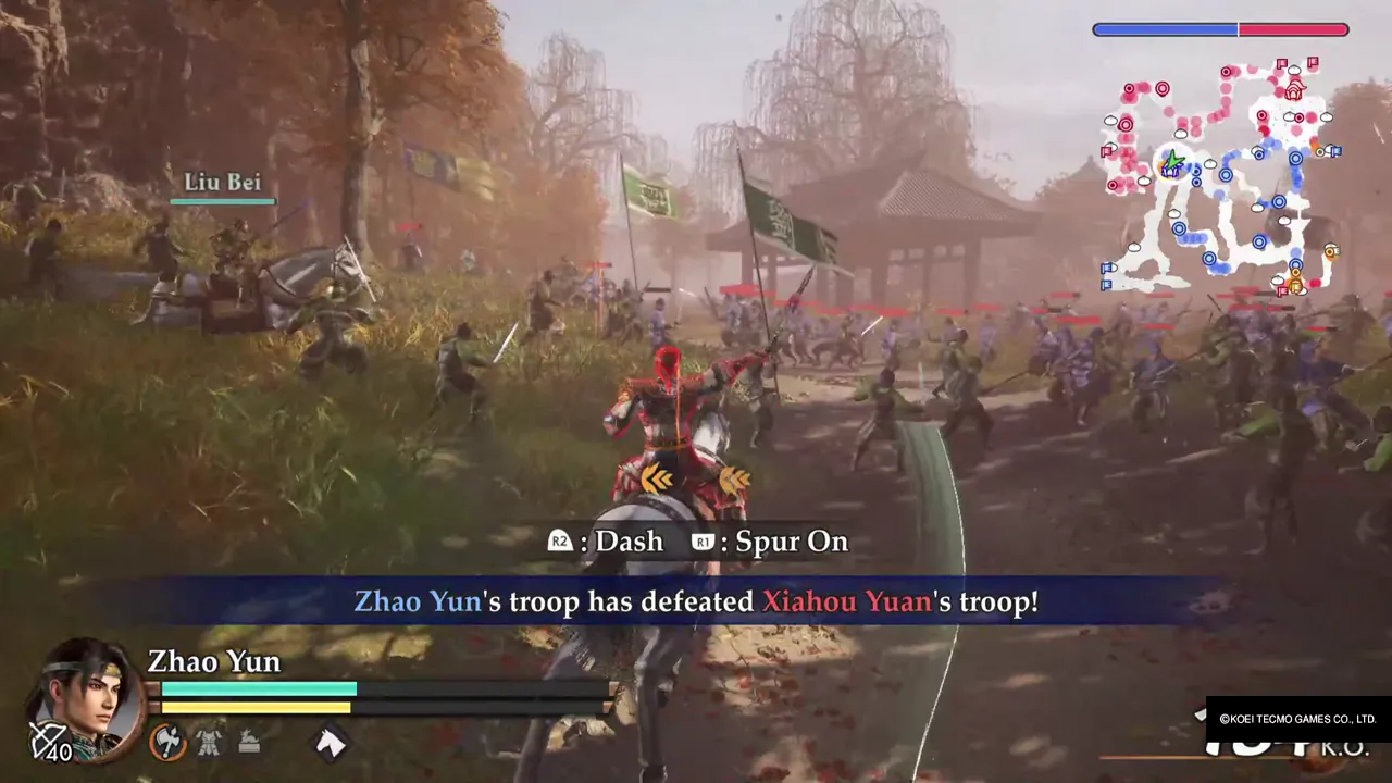Zhao Yun on his horse, with Liu Bei and his flags ahead