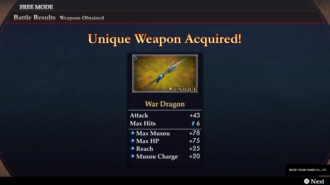 The Unique Weapon Acquired! screen