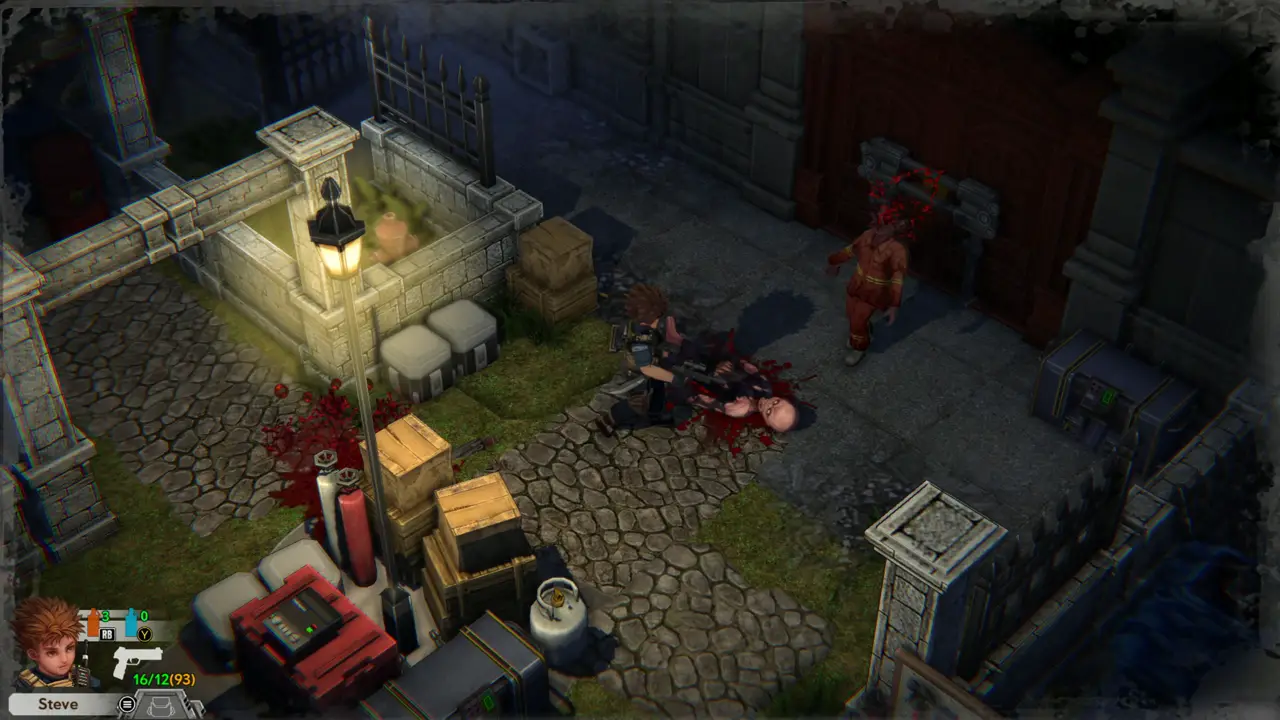 Red gate beside supply crates
