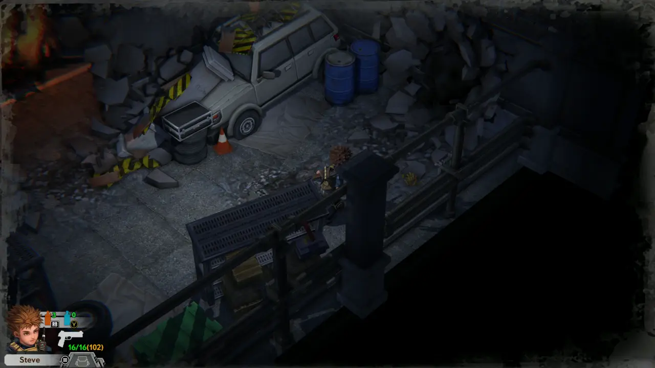 Van with case and rubble