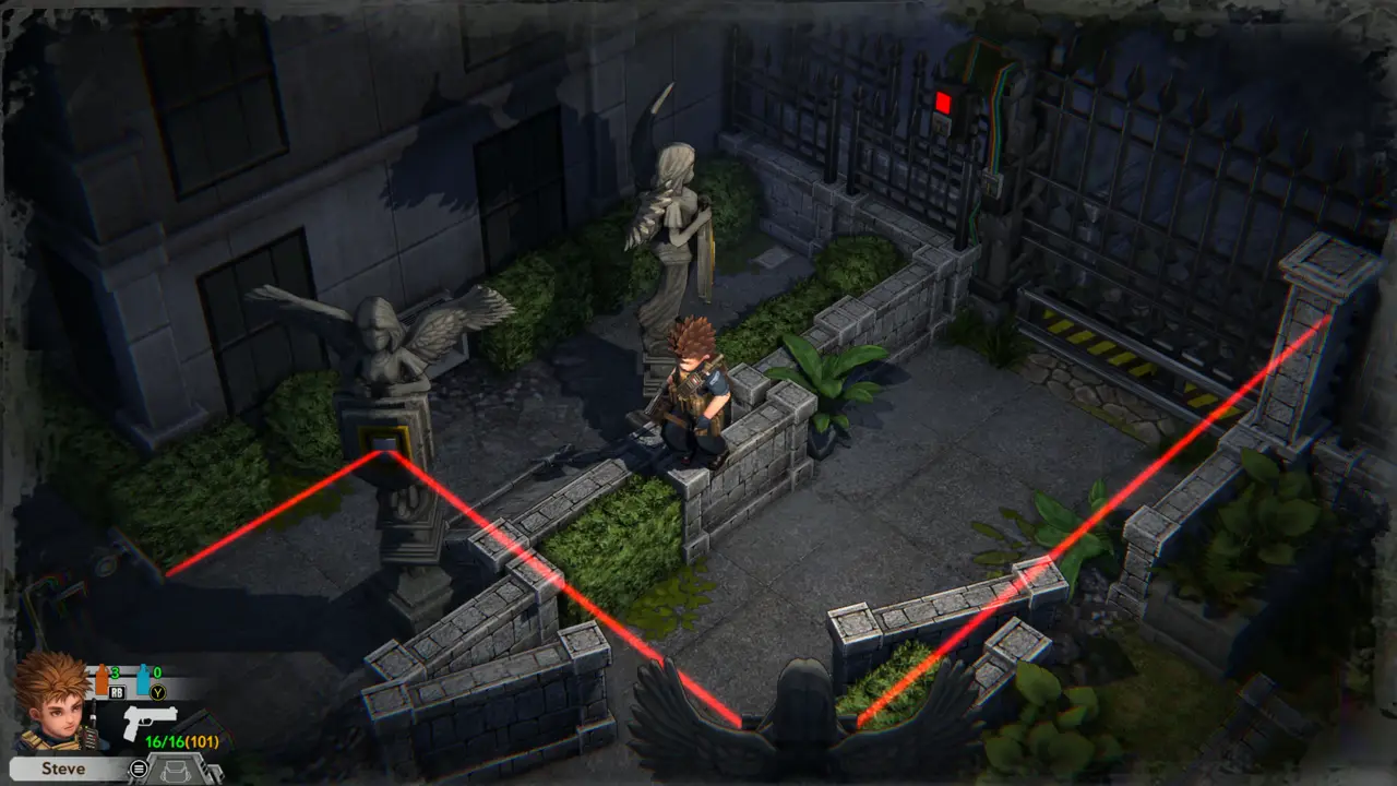 Red laser between the statues