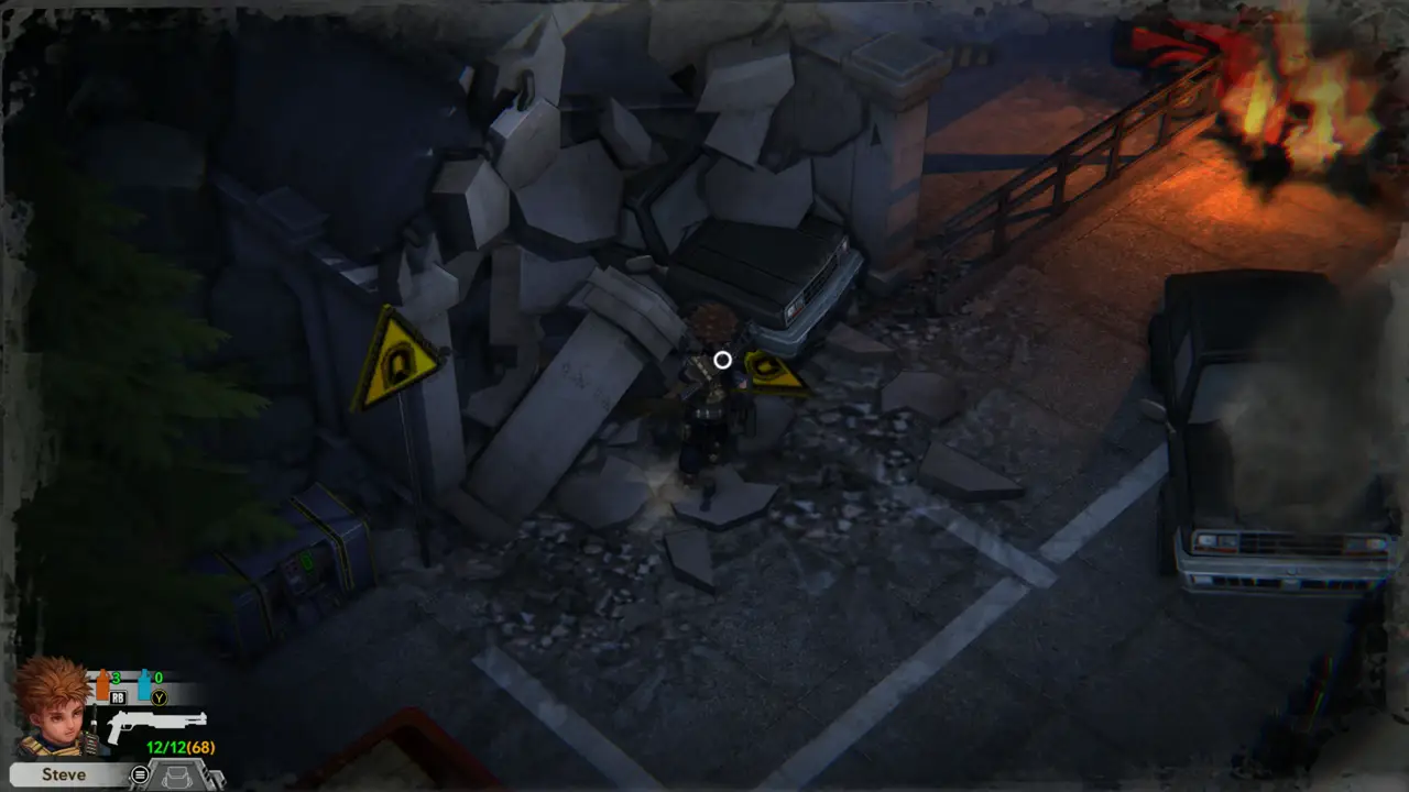 Rubble with hazard sign