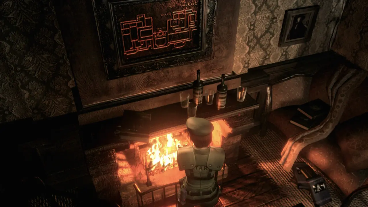 Lit fireplace, map above the hearth