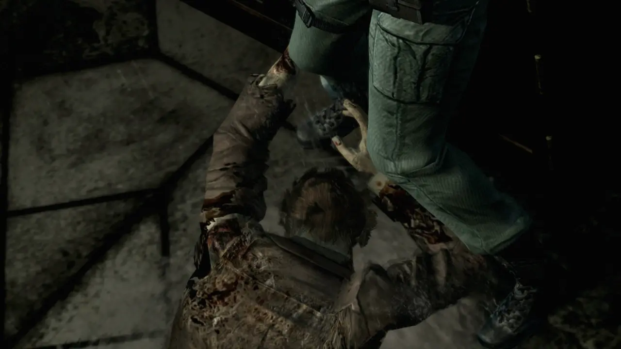 Jill stamps the zombie's head