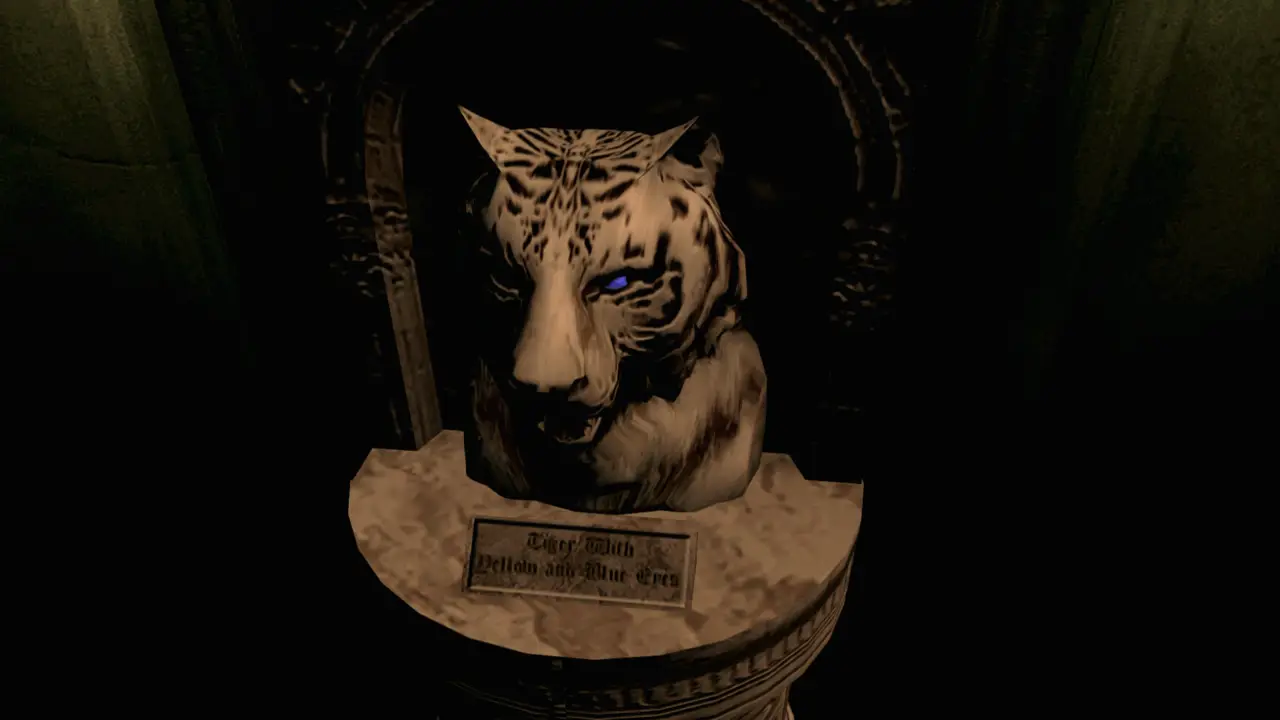 Tiger statue, yellow and blue eyes